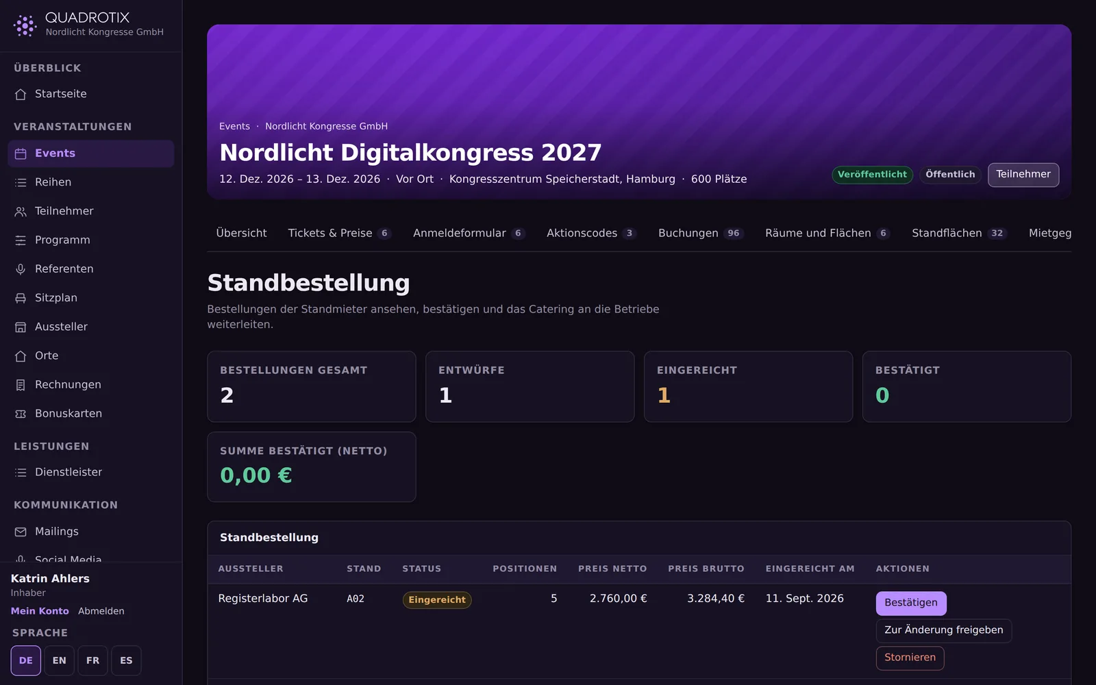 Bestellung eines Standmieters im Ausstellerportal