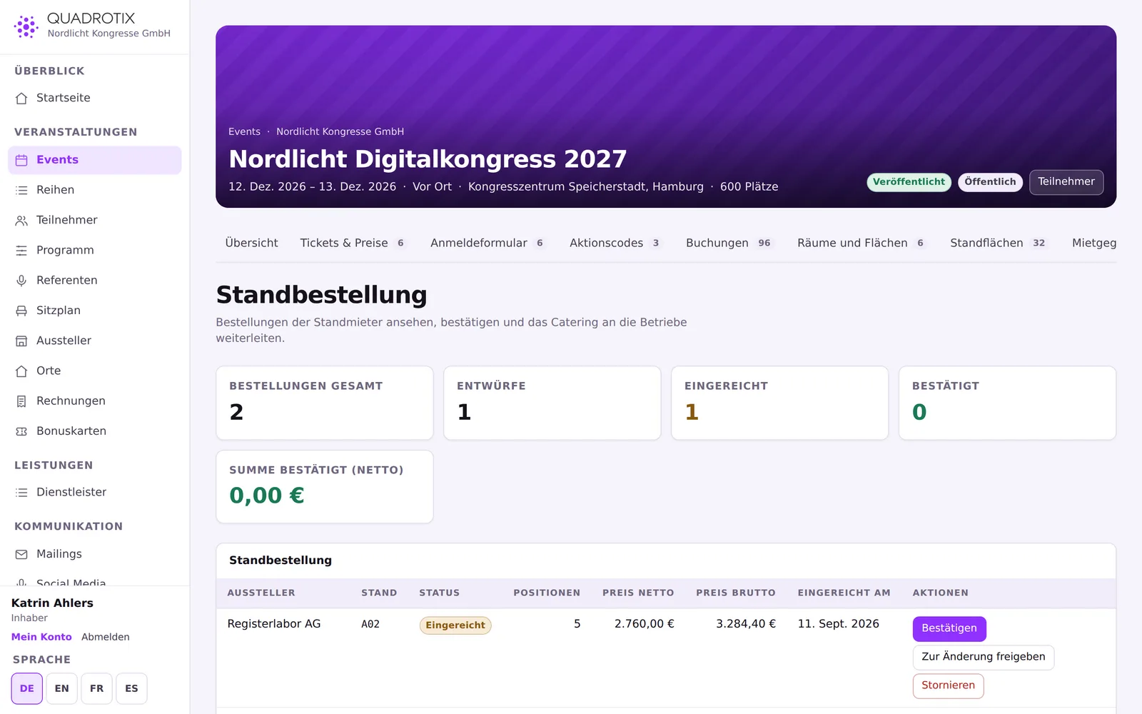 Bestellung eines Standmieters im Ausstellerportal