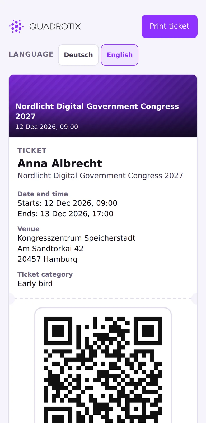 Ticket mit QR-Code auf dem Mobiltelefon